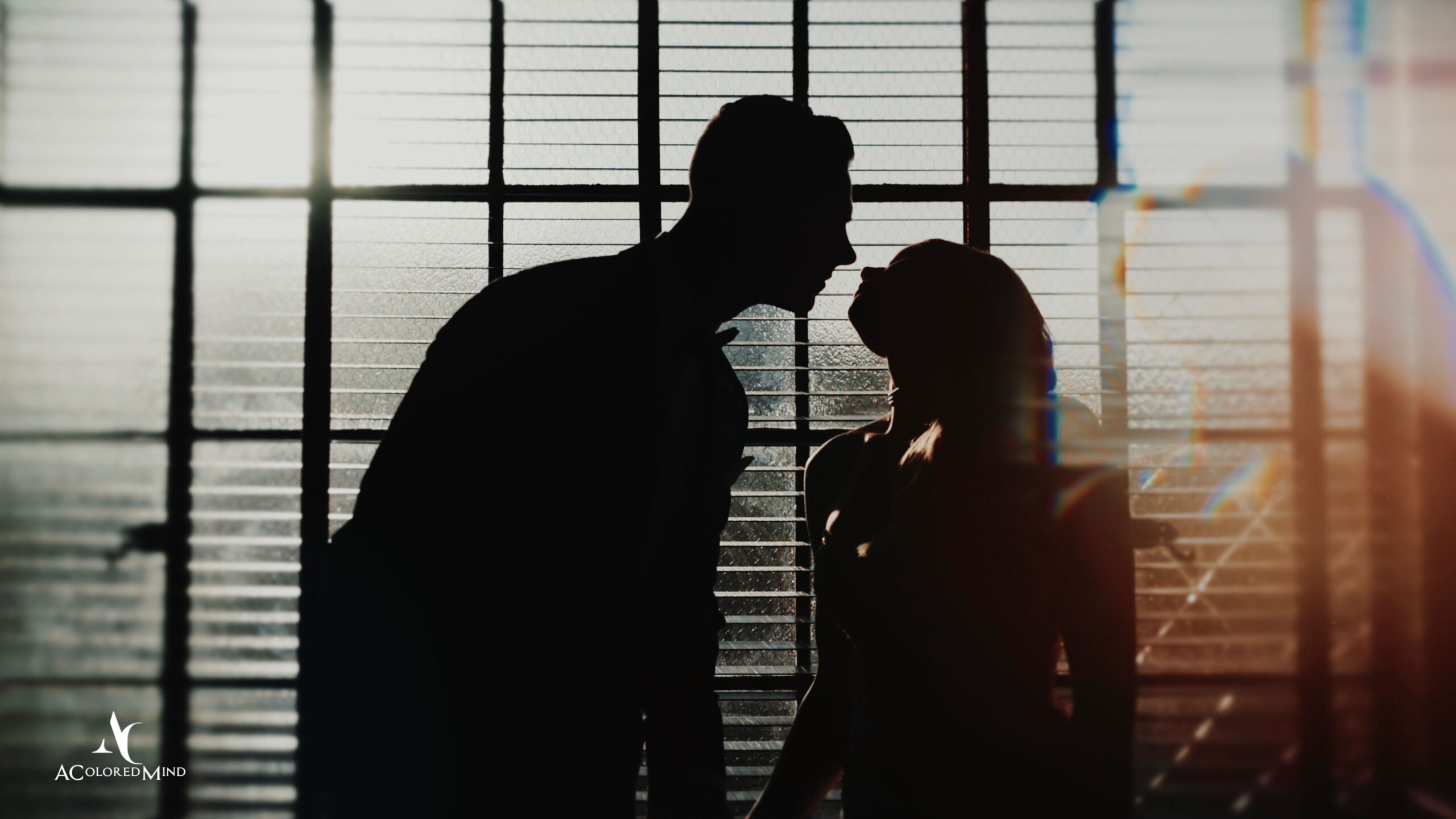 Silhouetted bride and groom sharing an intimate moment by window light at The Ebell of Los Angeles, wedding highlight video.