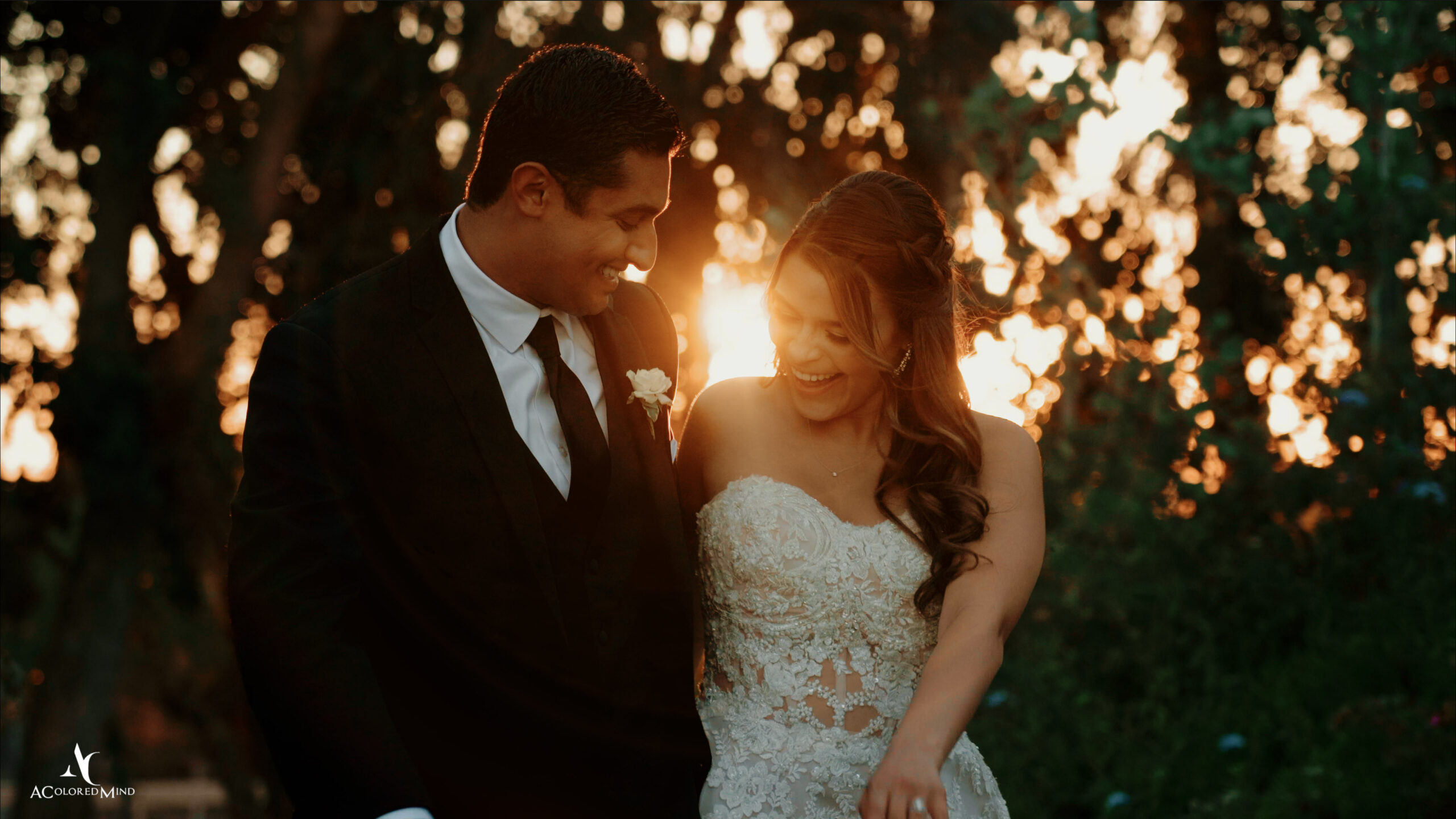 Bride and groom smiling joyfully at sunset, glowing with golden light and love at their Lake Oak Meadows wedding celebration.