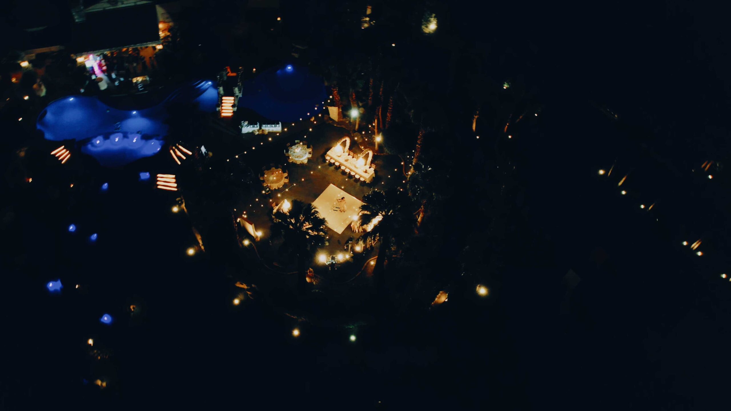 Desert Ridge Estate wedding reception at night with lighting and outdoor celebration in Temecula