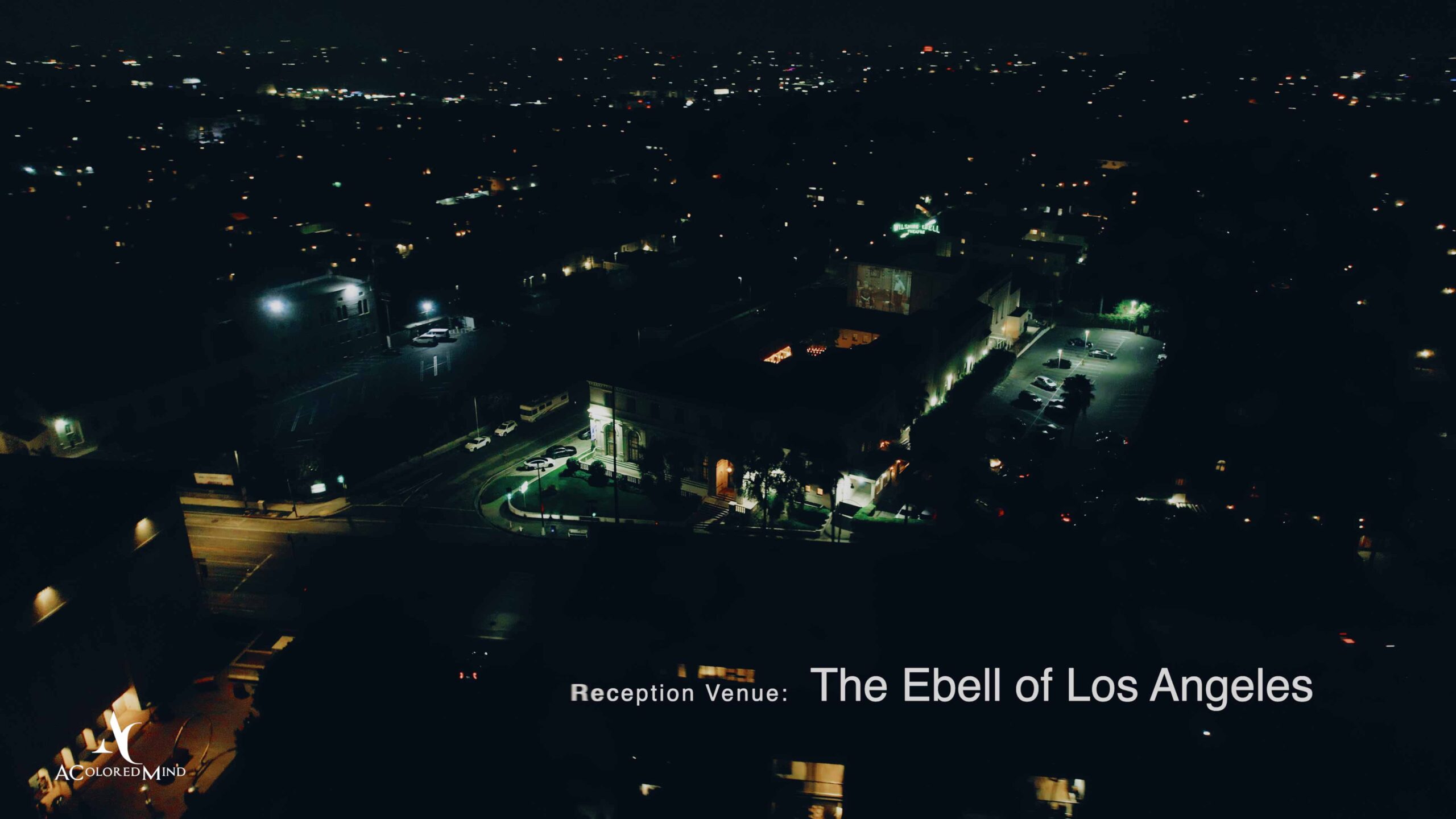 Aerial night view of The Ebell of Los Angeles for a cinematic Los Angeles wedding videographer film