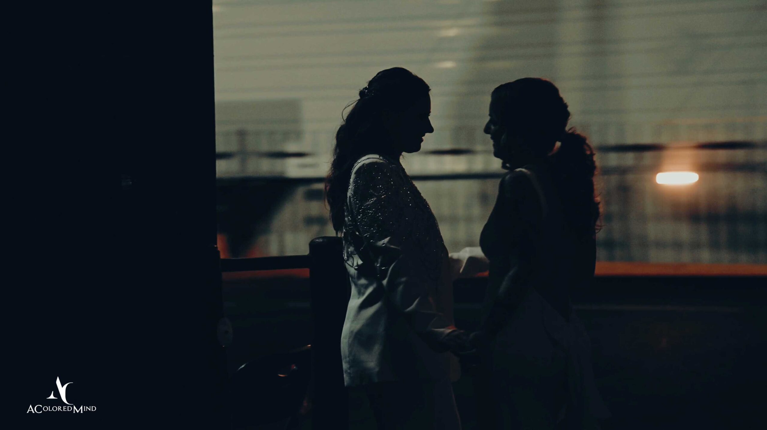 Two brides holding hands in silhouette at Millwick Downtown LA wedding venue.